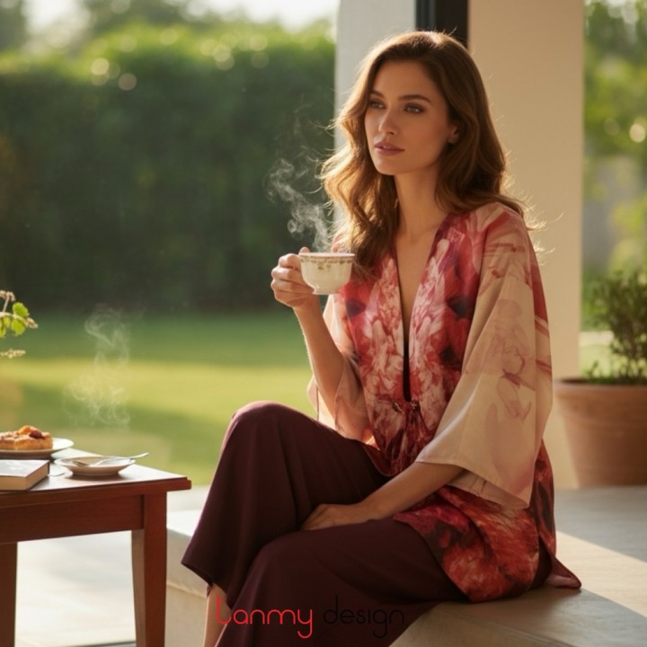 Áo Kimono dáng ngắn mẫu Hoa lan Đỏ